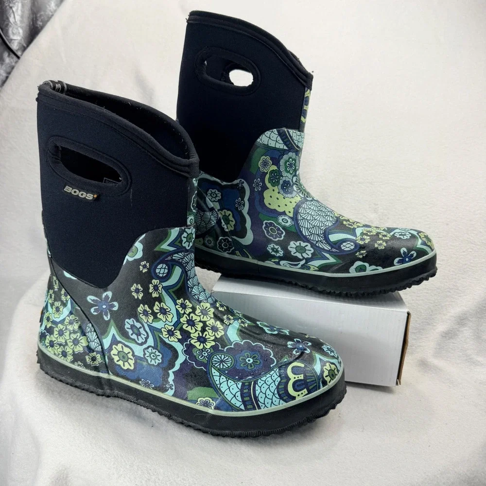 Bogs Classic Mid Paisley Women 10 Waterproof Insulated Rain Boots Black Blue
